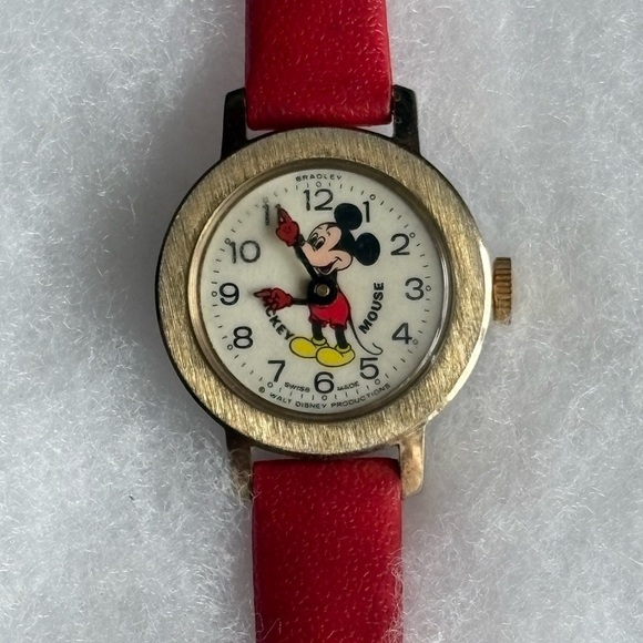 Vintage Mickey Mouse Watch Swiss Made Bradley Red Strap Not Running - Picture 1 of 5
